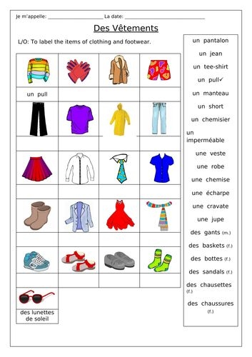Learn to explore basic clothing terms in French with this fun activity Colorful worksheet featuring French clothing vocabulary for kids