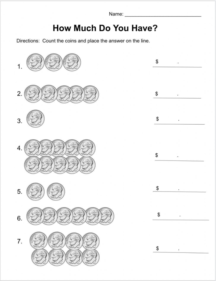 First Grade How Many Dimes worksheet featuring coin counting and skip counting practice