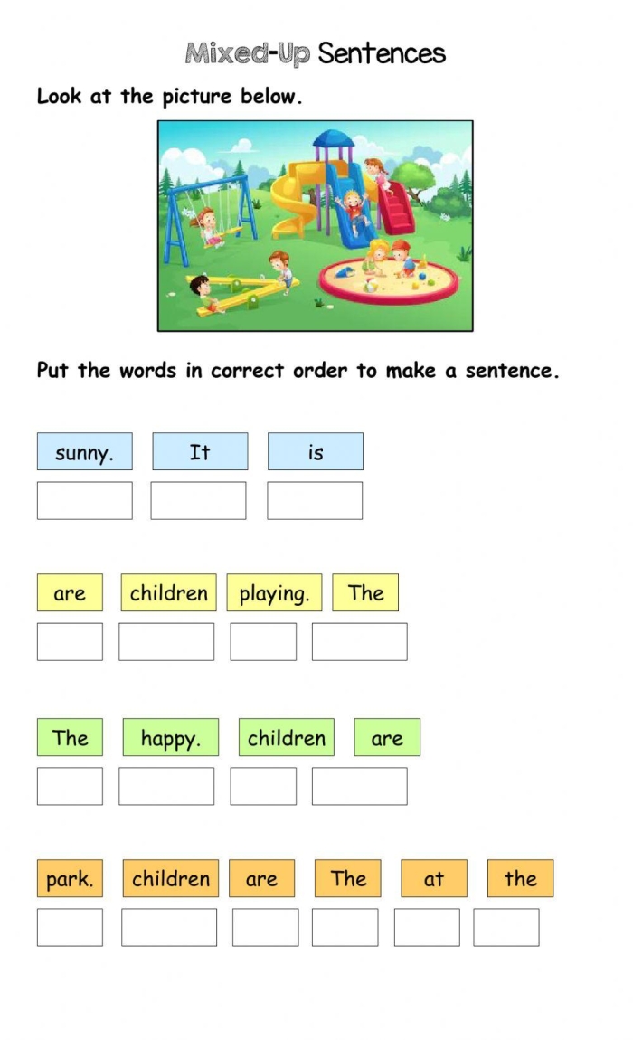 Engaging Sentence Mix-Up Game worksheet for fourth graders focusing on story construction and data skills Fourth Grade students collaborating on a Sentence Mix-Up Game worksheet to enhance sentence structure and teamwork
