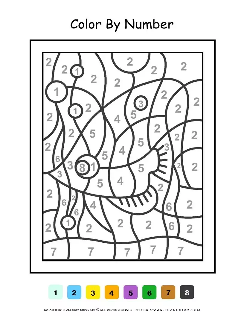 Interactive coloring page for first grade students to discover ocean animals Color by number worksheet featuring a hidden fish for first graders