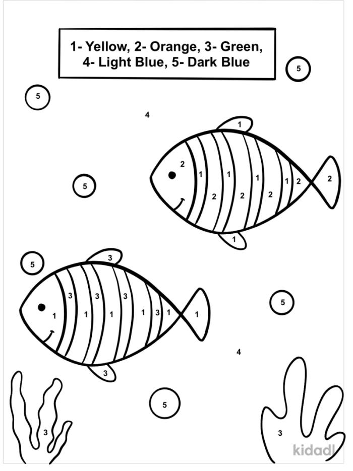 Fish coloring page for first grade students to practice reading and number recognition Color by number worksheet featuring a fish for first graders to color and reveal the ocean animal