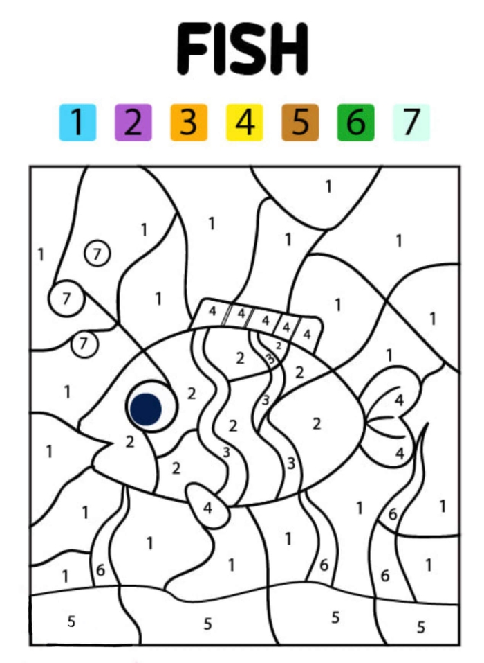Engaging Color by Number: Fish worksheet for young readers Color by number worksheet featuring a hidden fish for first graders