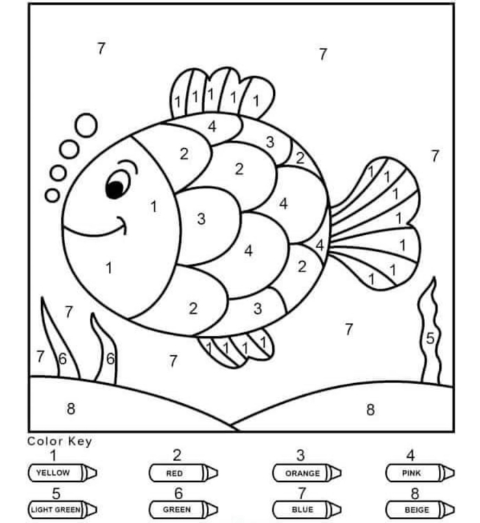 Engaging coloring activity for young learners to discover sea life Color by number worksheet featuring a hidden ocean fish for first graders