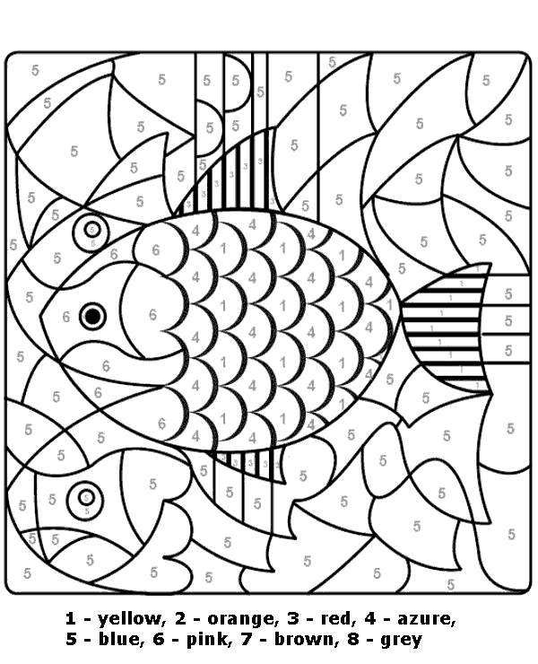 First grade color by number activity with ocean animal discovery Color by number worksheet featuring a hidden fish for first graders to color