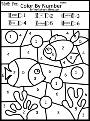 Interactive coloring page revealing an ocean animal for young learners Color by number worksheet featuring a hidden fish for first graders
