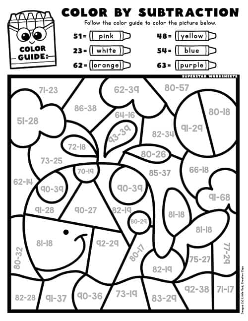 Engaging two-digit subtraction color by number activity for grade 2 students Color by number worksheet for practicing two-digit subtraction for second graders