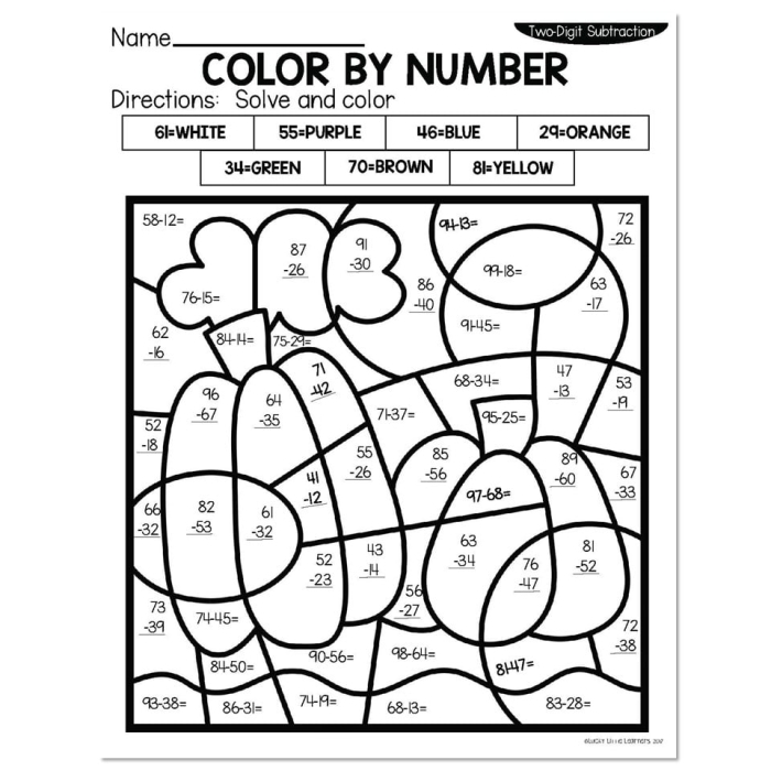 Engaging coloring page for 2nd grade math skills development Color by number worksheet featuring two-digit subtraction practice for second graders