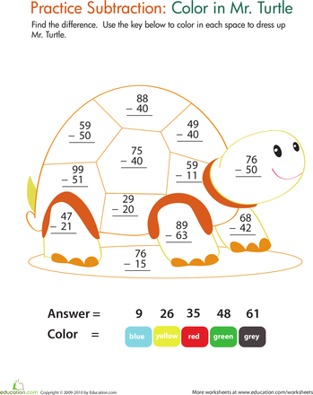 Engaging coloring activity to enhance math skills in a fun way Color by number worksheet featuring two-digit subtraction practice for second graders