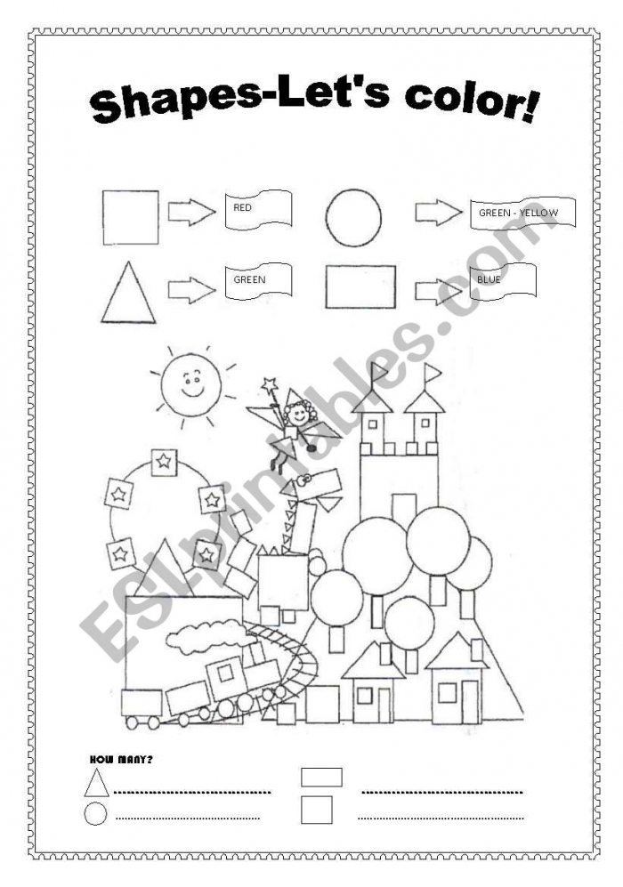 Engaging shape challenge worksheet for early geometry learning in kids Colorful Basic Shapes worksheet for kindergarteners focusing on counting and coloring skills