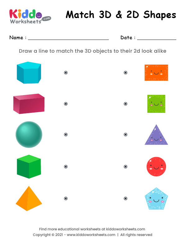 Kindergarten worksheet featuring 3D shapes to match and color for early geometry skills