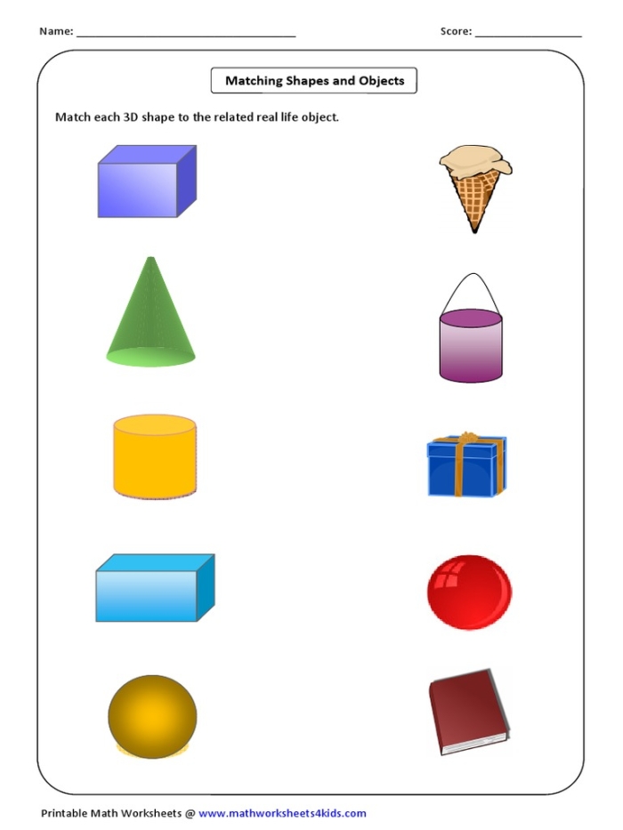 Kindergarten worksheet for matching and coloring 3D shapes in everyday settings