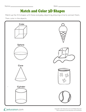 Kindergarten worksheet featuring colorful 3D shapes for matching and coloring activities