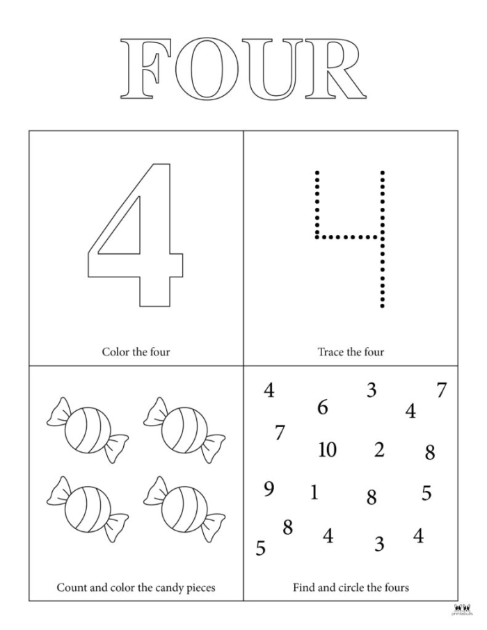 A colorful worksheet featuring flowers designed for practicing the number 4 in subtraction for Pre-K learners