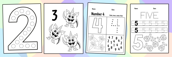 Colorful flower-themed worksheet for practicing the number 4 in subtraction for Pre-K learners