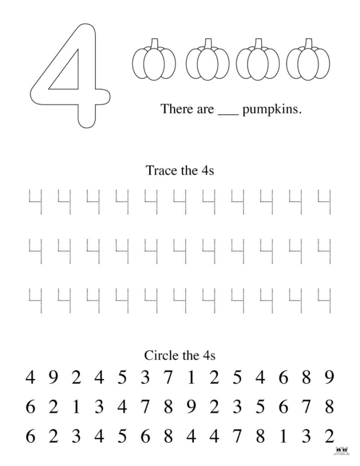 Colorful flower-themed worksheet for Pre-K students focusing on finding the number 4 through subtraction activities. Engaging math practice for young learners with the Number 4 worksheet.