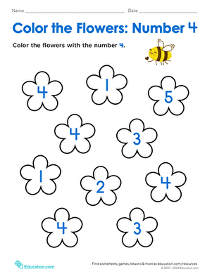 Colorful flower-themed worksheet for practicing the number 4 in subtraction for Pre-K learners