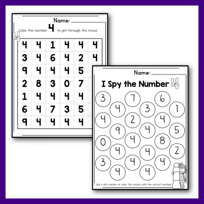 Colorful flower-themed subtraction worksheet for practicing the number 4 in Pre-K. Engaging activity for young learners to reinforce number recognition.