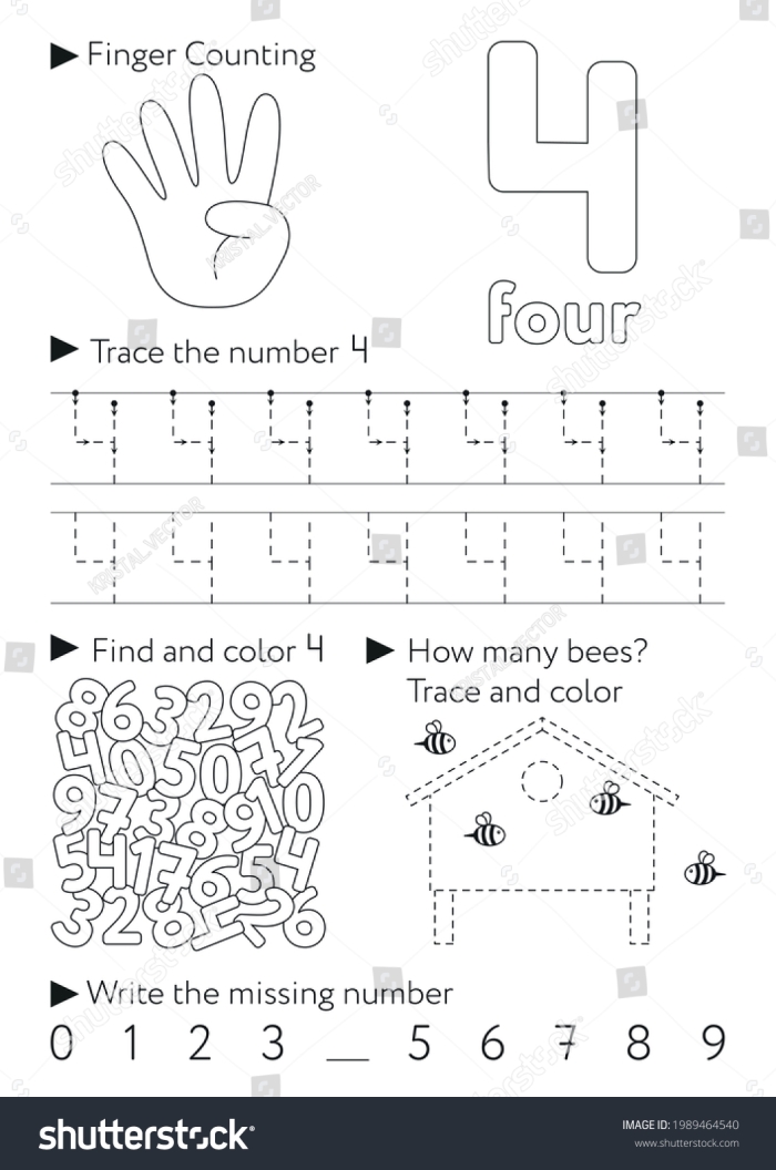 Colorful flower-themed worksheet for practicing the number 4 in subtraction for Pre-K learners