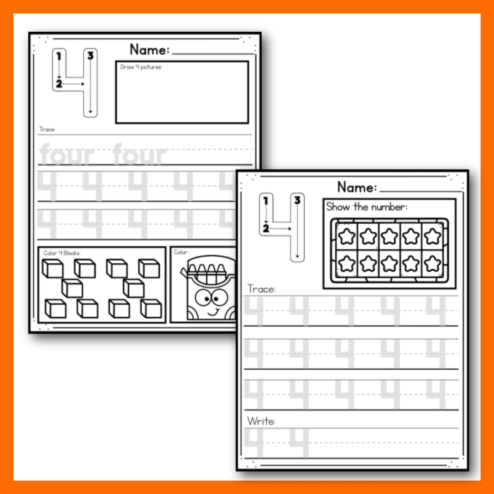 Colorful flower-themed worksheet for practicing the number 4 in subtraction for Pre-K students