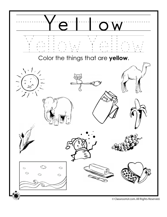 Writing worksheet for Pre-K Kids engaging with the Color Yellow worksheet, practicing writing and coloring skills. Worksheet for preschoolers featuring name writing, word tracing, and cutting activities.