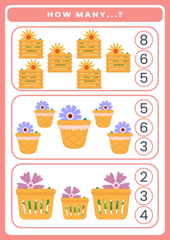 Subtraction worksheet for Pre-K Colorful flower counting worksheet for preschoolers focused on subtraction skills. Engaging "How Many Are There?" flowers worksheet for Pre-K learners.