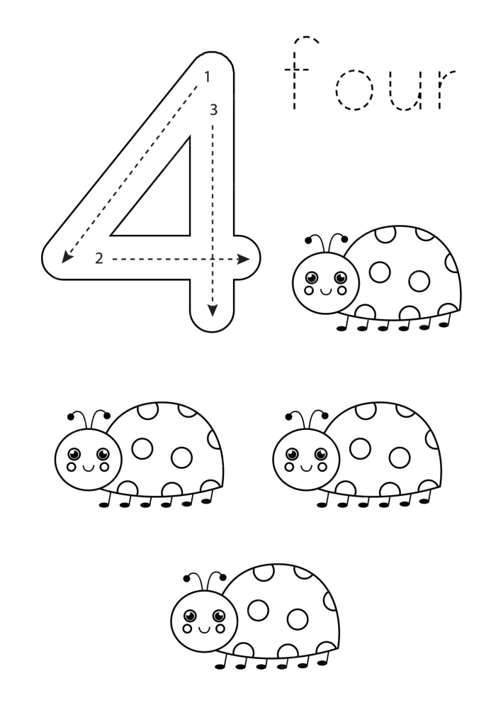 Worksheet featuring colorful flowers for practicing the number 4 in subtraction for Pre-K learners