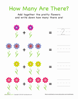 Subtraction worksheet for Pre-K Colorful flower-themed worksheet for preschoolers focusing on subtraction skills. Engaging counting activity for young learners titled "How Many Are There? Flowers Worksheet.