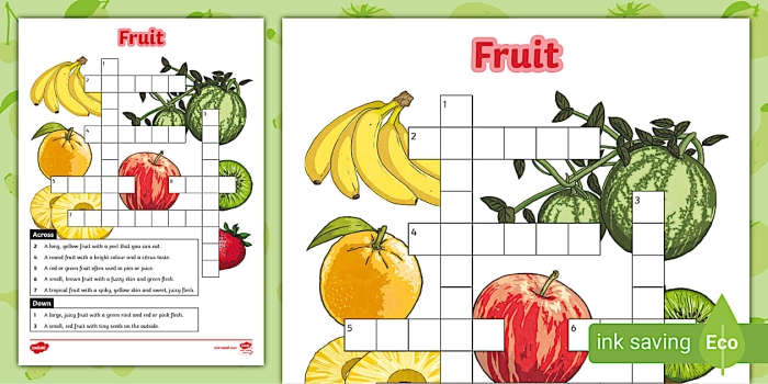 Engaging Picture Crossword: Fruit! worksheet for first graders Colorful fruit-themed crossword puzzle for kids to enhance spelling skills