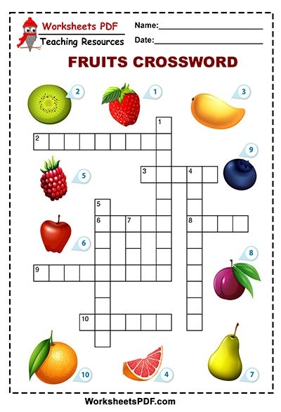 Engaging fruit-themed crossword worksheet for first-grade spelling practice Colorful picture crossword puzzle featuring various fruits for kids