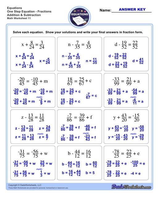 Colorful one-step equations worksheet for kids featuring a fun game format. Engaging algebra practice for young learners through interactive activities.