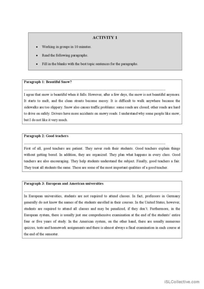 Colorful Topic Sentences worksheet for Kindergarten students focusing on numbers and counting. Engaging activity for young writers to practice organizing sentences into paragraphs.