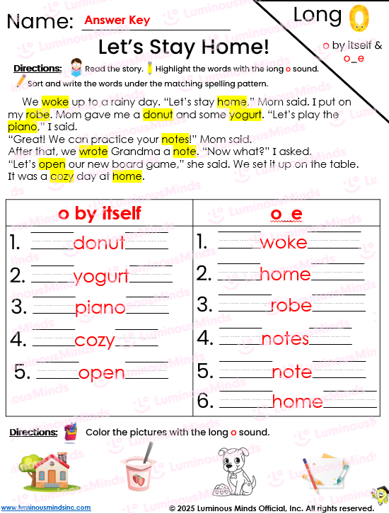 Second grade students working on a colorful long O spelling worksheet with pictures and word families