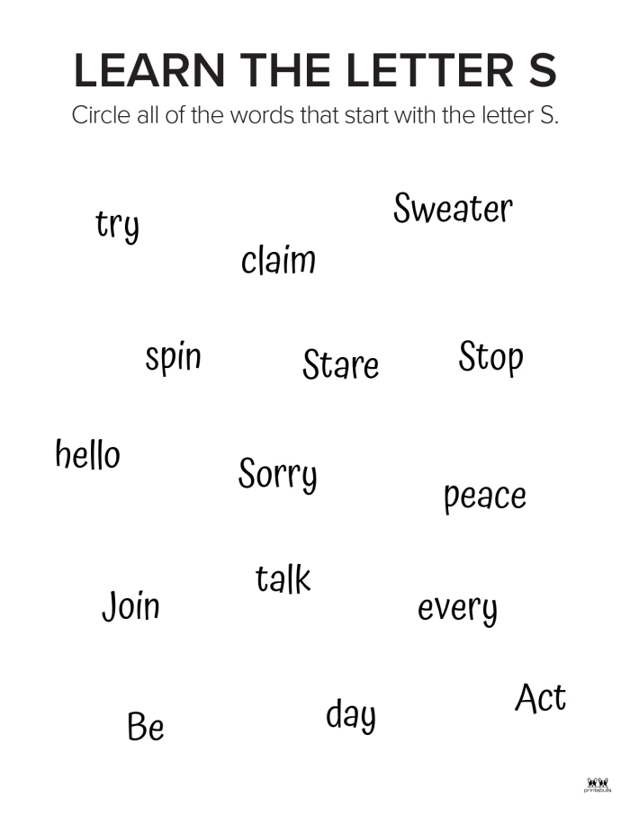 Rhyming worksheet for Pre-K Colorful S Is For... worksheet designed for preschoolers to learn the alphabet and practice letter S sounds. Engaging image showcasing a fun, educational activity for Pre-K children.