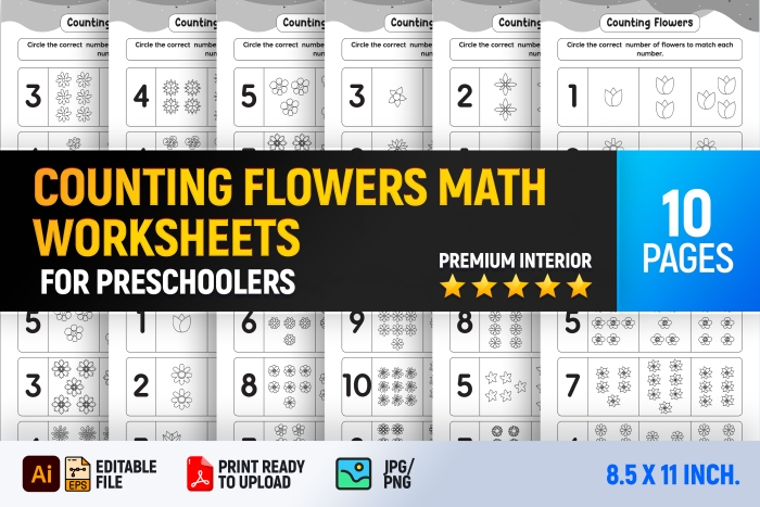 Engaging flower counting activity designed for Pre-K students Colorful counting flowers worksheet for preschoolers to practice numbers