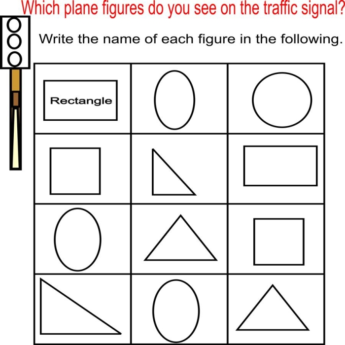 Second Grade worksheet featuring colorful plane figures for shape recognition