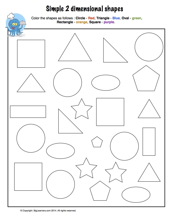 Second grade worksheet featuring colorful plane figures for shape recognition