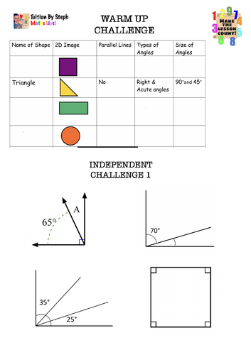 Counting angles with the Let's See Those Angles worksheet for young learners First Grade worksheet showing colorful shapes used to count and classify angles