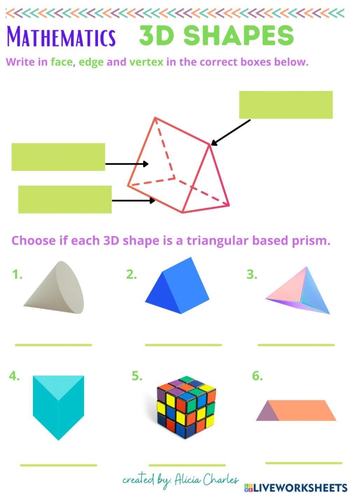 Colorful triangular prism worksheet for second graders to explore geometry through hands-on learning
