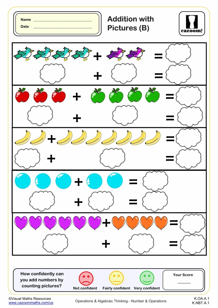 Fun picture addition activity for kindergarten learners, image 18 Colorful addition worksheet for kids featuring vehicles to count and solve equations