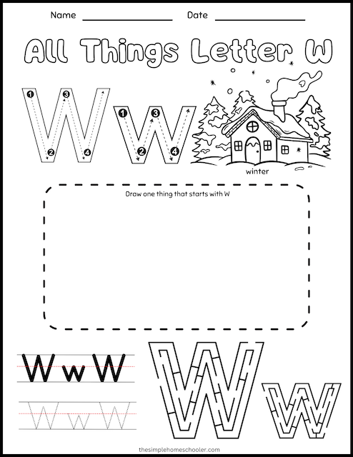 Engaging alphabet practice sheet for young learners focusing on the letter W Colorful W Is For... worksheet for preschoolers to learn the letter W sounds