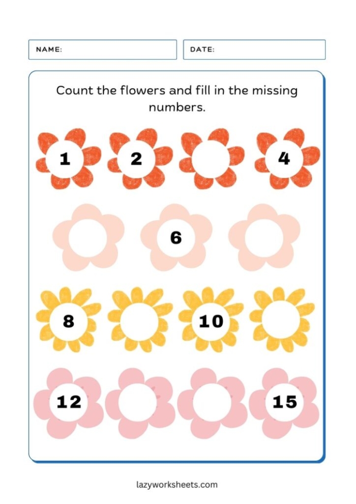 Engaging counting activity featuring vibrant flowers and petals for early learners Colorful counting flowers worksheet for preschoolers to enhance their number skills
