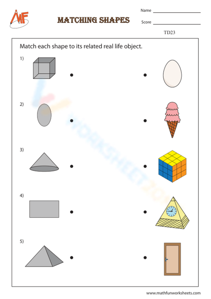 Kindergarten worksheet for matching and coloring 3D geometric shapes in everyday objects