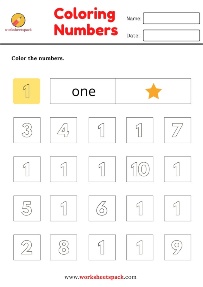 Fun and educational coloring worksheet for practicing counting skills in Pre-K Color the Numbers 1-10 worksheet featuring engaging illustrations for preschoolers