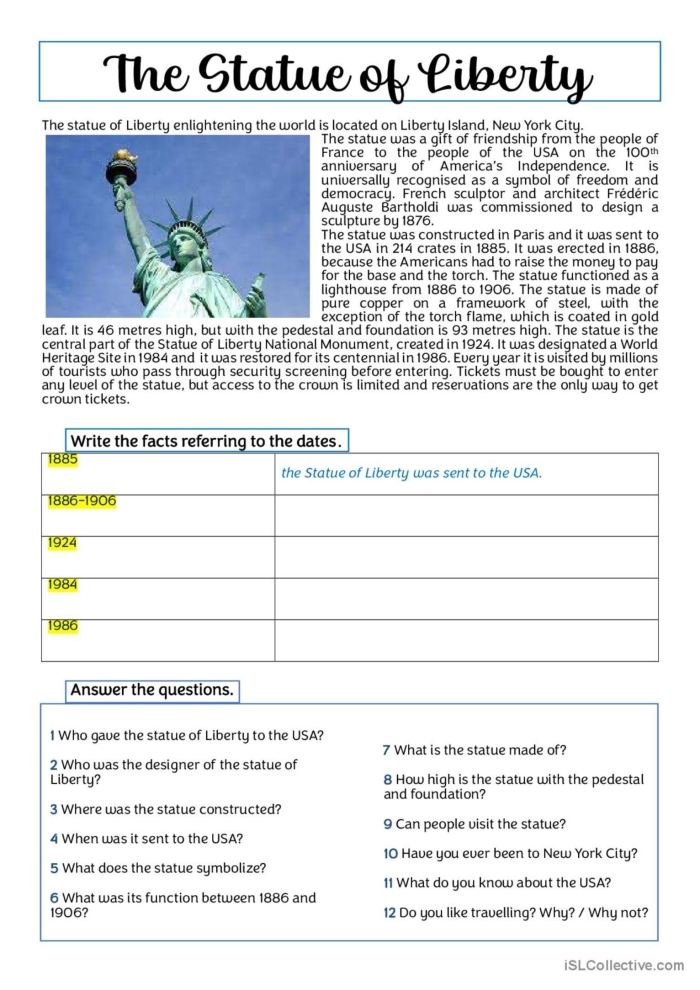 Statue of Liberty coloring worksheet for second-grade German students about national symbols
