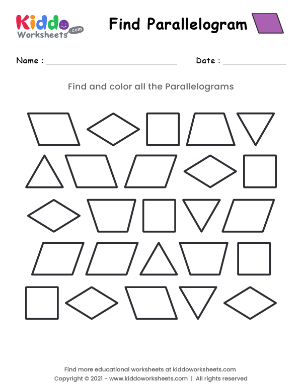 Worksheet for identifying parallelograms and discovering a hidden word in third grade geometry Third grade student coloring parallelograms on a geometry worksheet