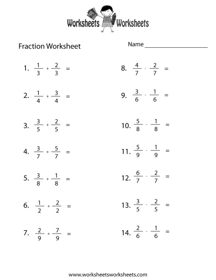 Third grade math worksheet showing shapes divided to color fractions one-half, one-third, and one-fourth