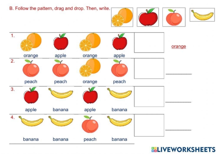 Engaging Fruit Vocabulary activity sheet for first graders to color and spell names of various fruits First Grade fruit vocabulary worksheet featuring coloring and spelling exercises for young learners