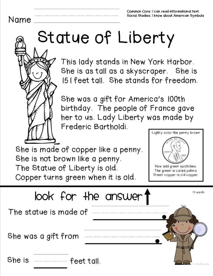 Child coloring a worksheet about the Statue of Liberty and national symbols in German