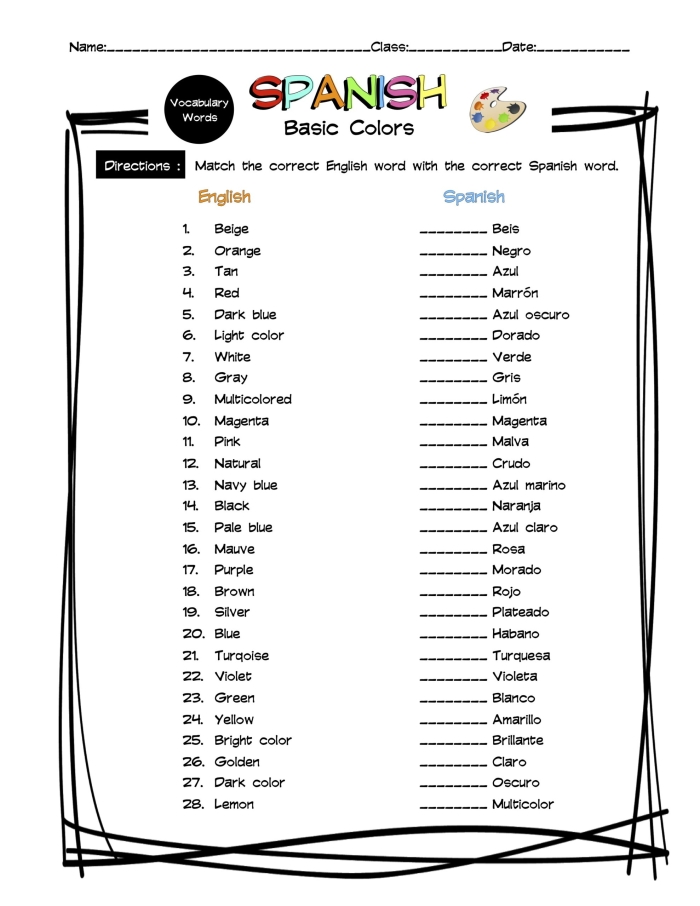 Grammar and Mechanics worksheet for Fourth Grade Spanish colors word search worksheet for fourth graders to enhance vocabulary skills. Fun activity to help young learners identify basic color words in Spanish.