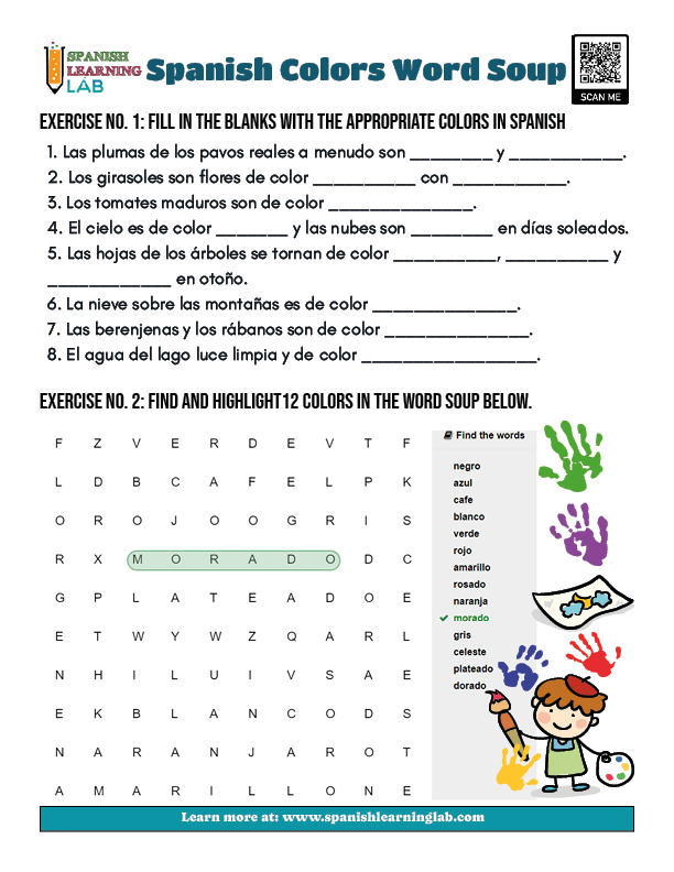 Engaging activity for fourth graders to explore colors in Spanish Colorful Spanish word search worksheet featuring basic color vocabulary